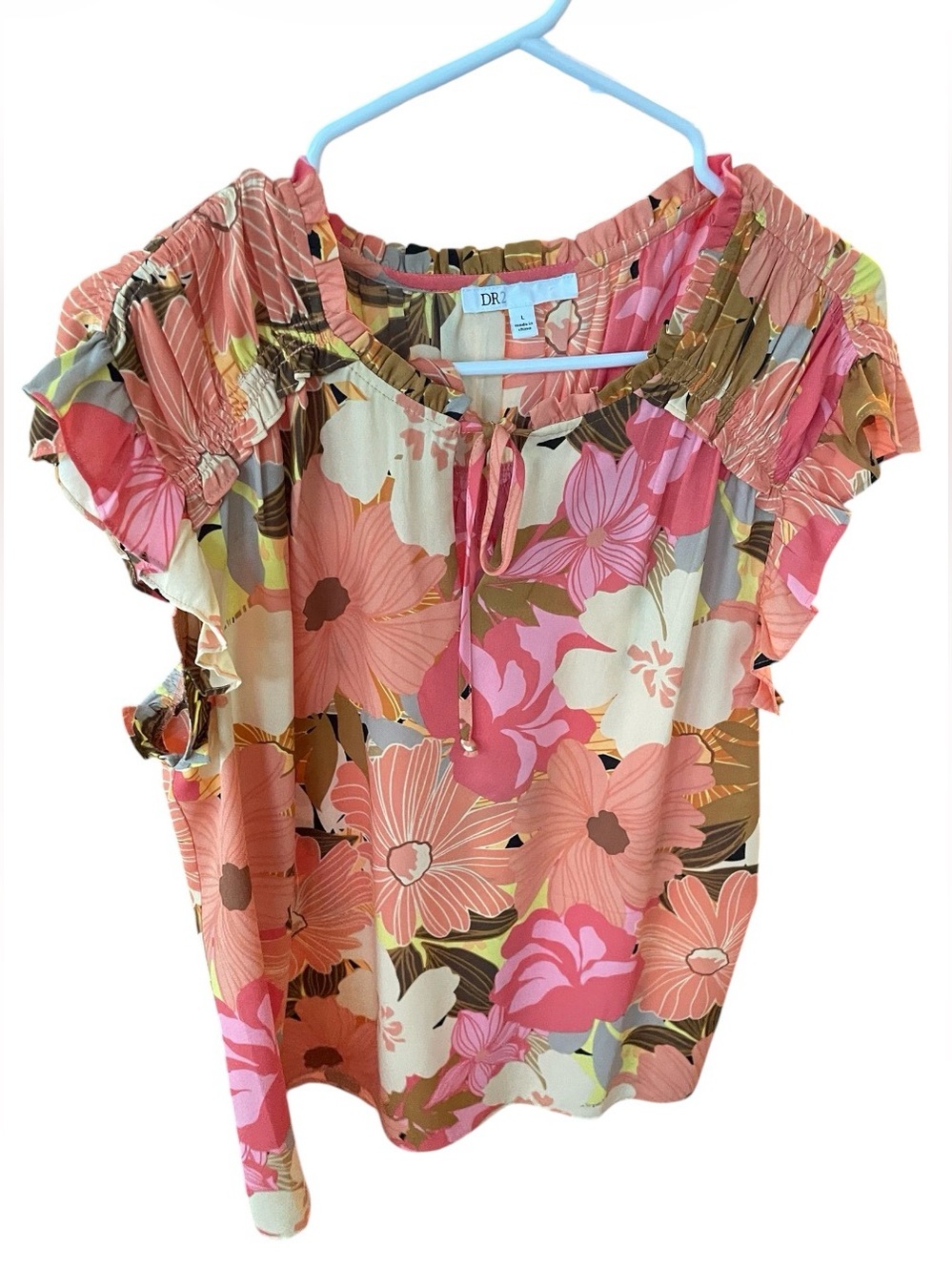 DR2 Coral Pink Floral Off-Shoulder Ruffle Sleeve Top
